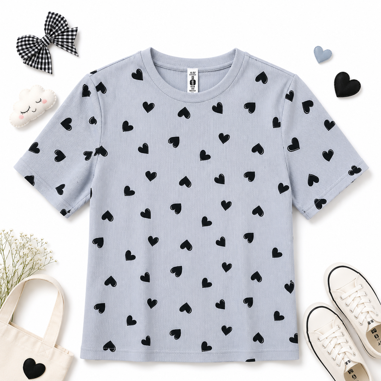 تیشرت زنانه H&M کبریتی طوسی آبی طرح قلب مشکی