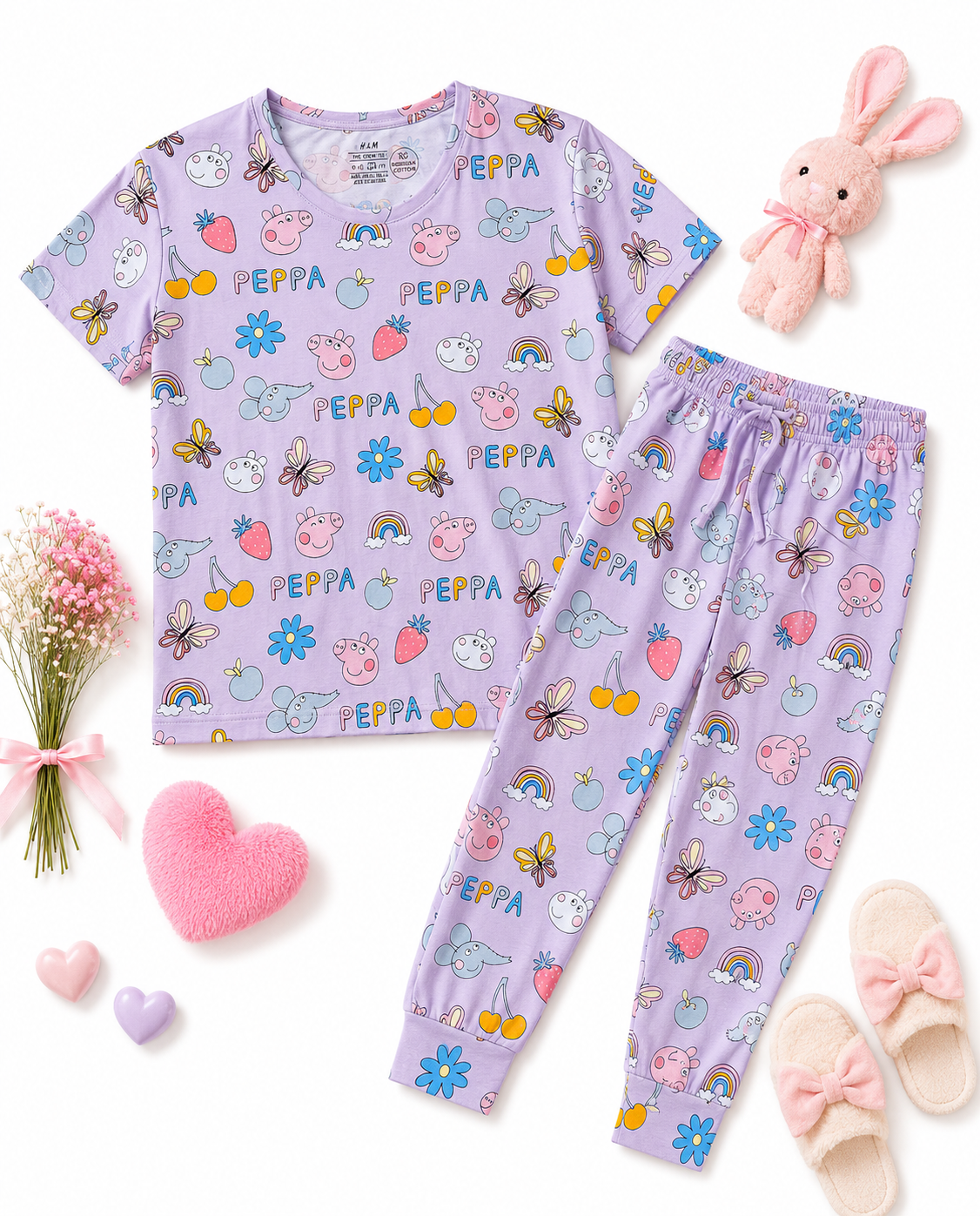 ست تیشرت و شلوار دخترانه H&M طرح Peppa Pig رنگ یاسی